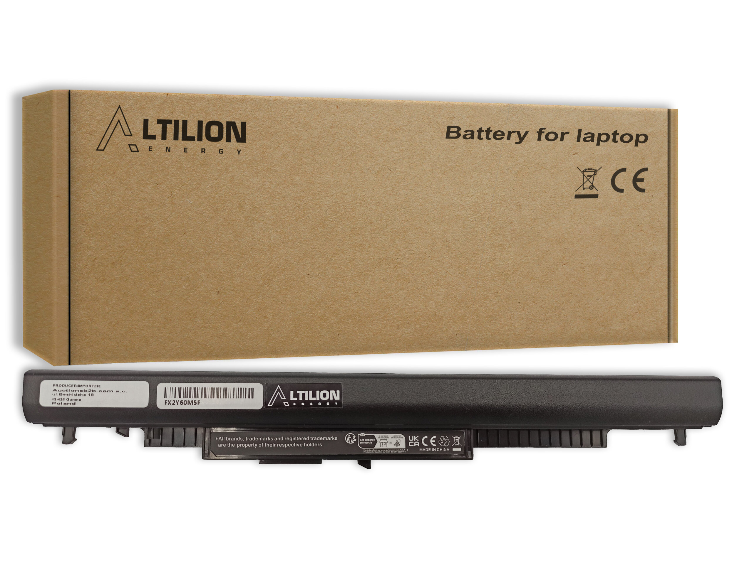 Na obrazie znajduje się bateria z logo \'Altilion Energy\' oraz pudełko z napisem \'Battery for laptop\'.