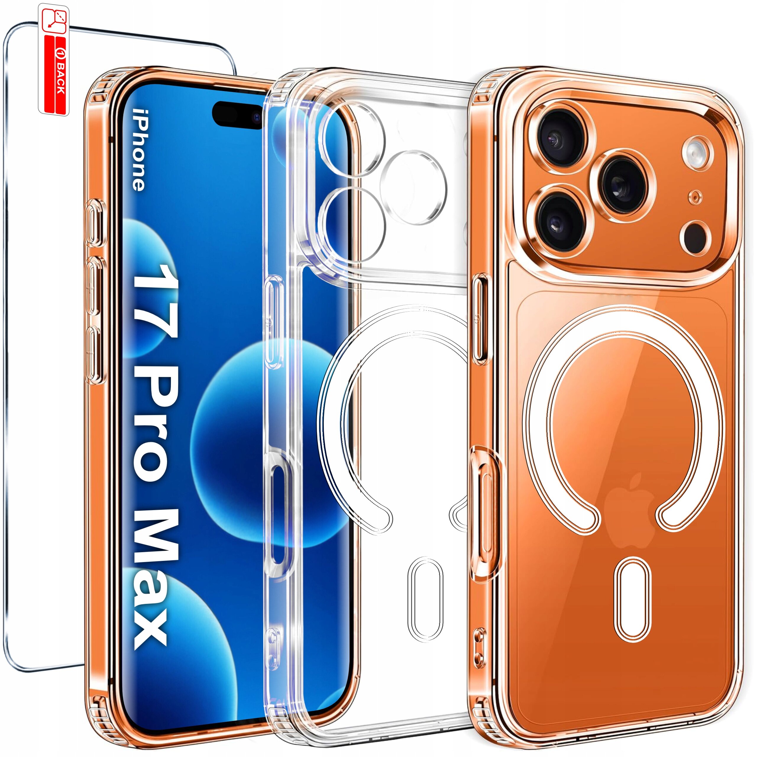 Obraz przedstawia przezroczyste etui magnetyczne do iPhone 17 Pro Max z widocznym okrągłym wzorem na tylnej części. Obok etui znajduje się szkło ochronne z napisem \'BACK\'.