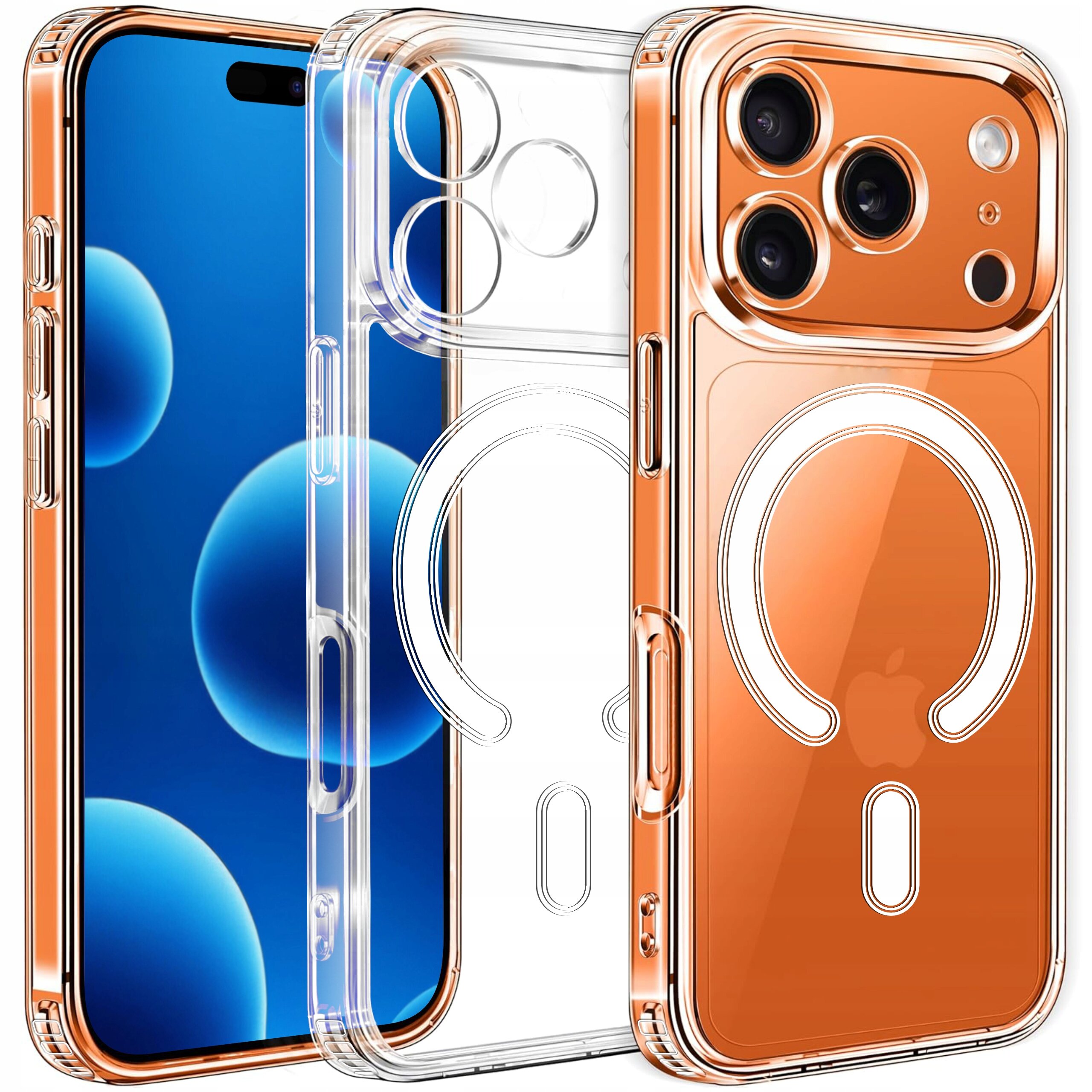 Obraz przedstawia przezroczyste etui magnetyczne do telefonu z widocznymi trzema aparatami i okrągłym wzorem na tylnej części. Etui jest w kolorze pomarańczowym z przezroczystymi elementami.
