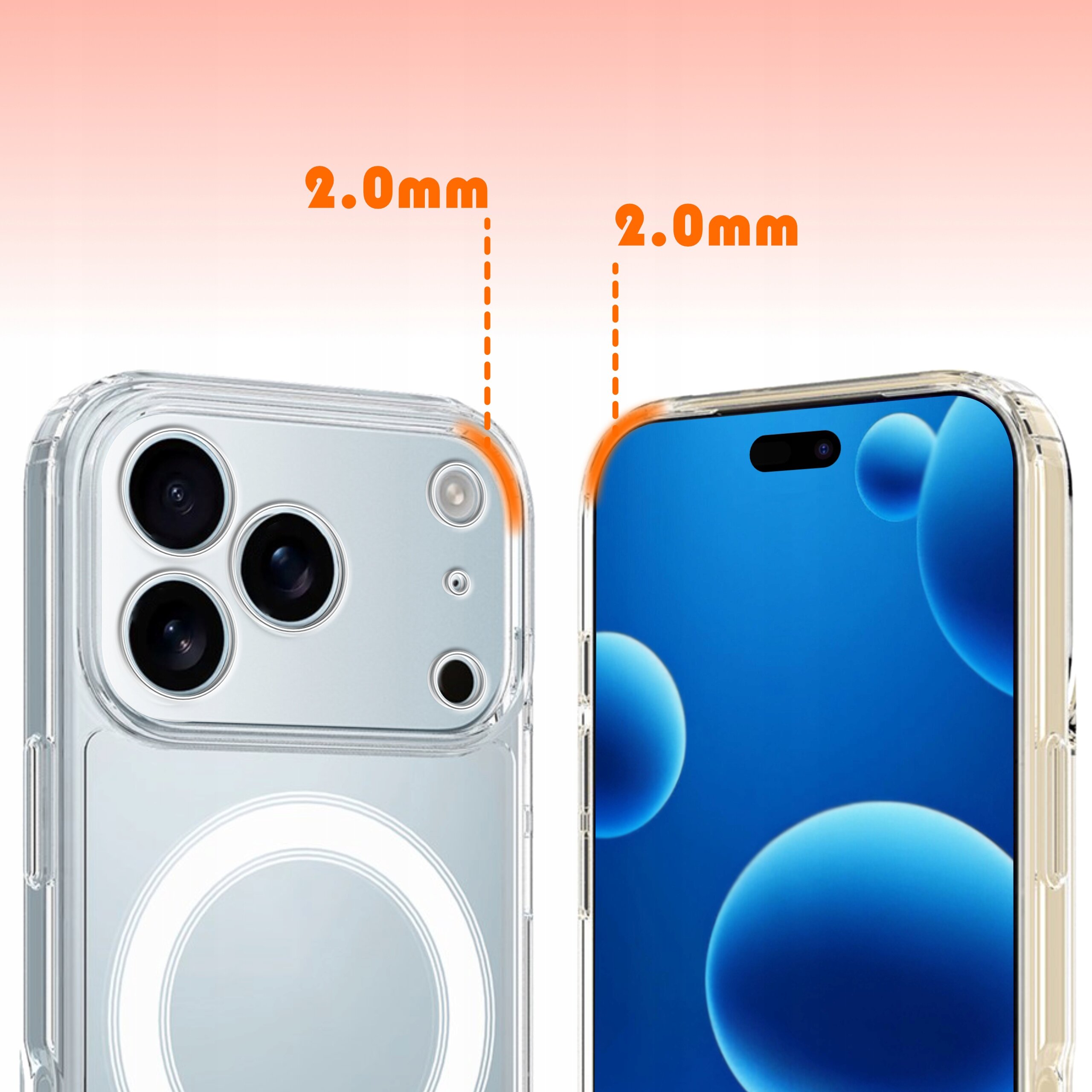 Obraz przedstawia przezroczyste etui na telefon z trzema widocznymi aparatami i oznaczeniem grubości 2.0 mm. Na ekranie telefonu widoczne są niebieskie bąbelki na czarnym tle.