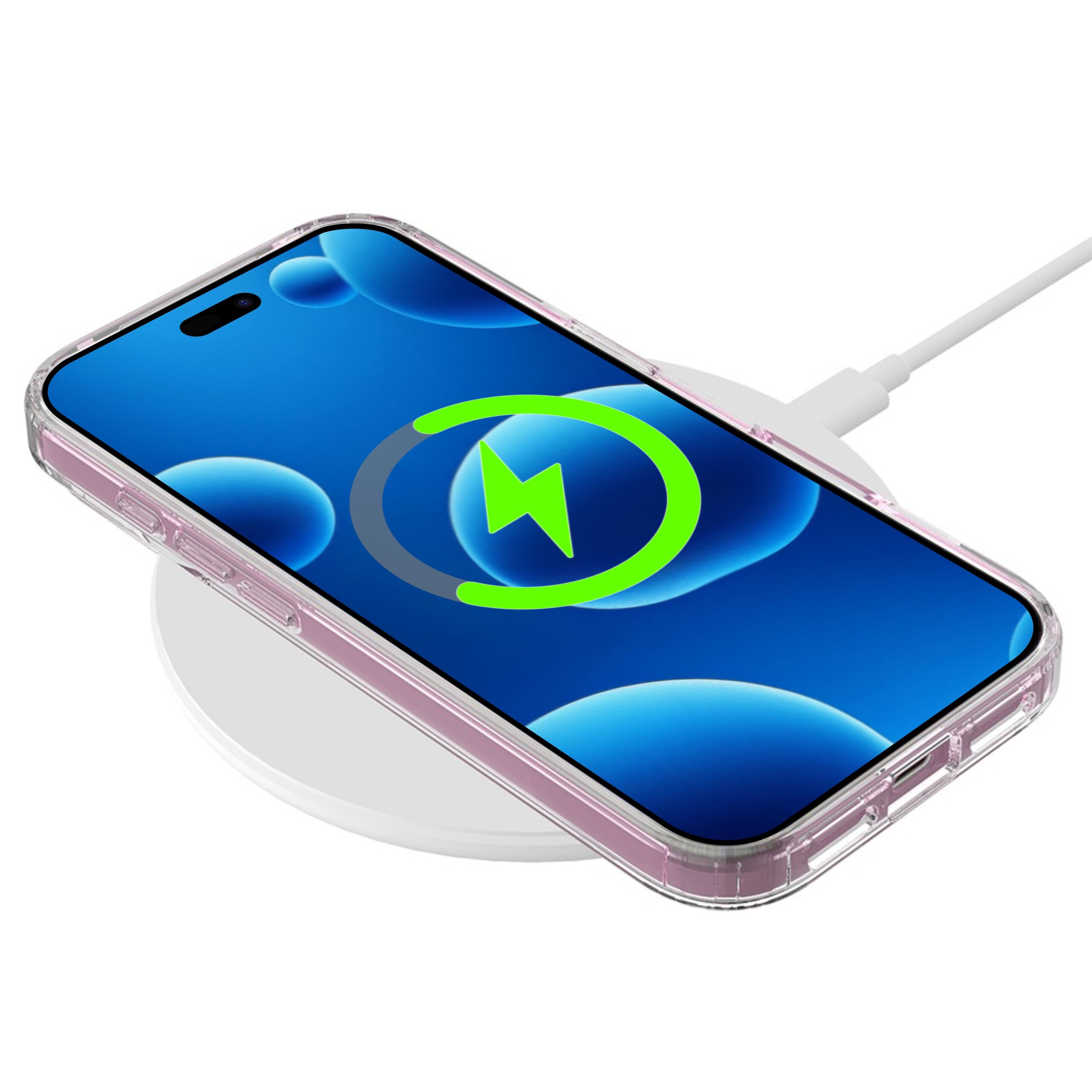 Smartfon w przezroczystym etui leży na białej ładowarce bezprzewodowej. Na ekranie widoczna jest zielona ikona ładowania w kształcie błyskawicy.