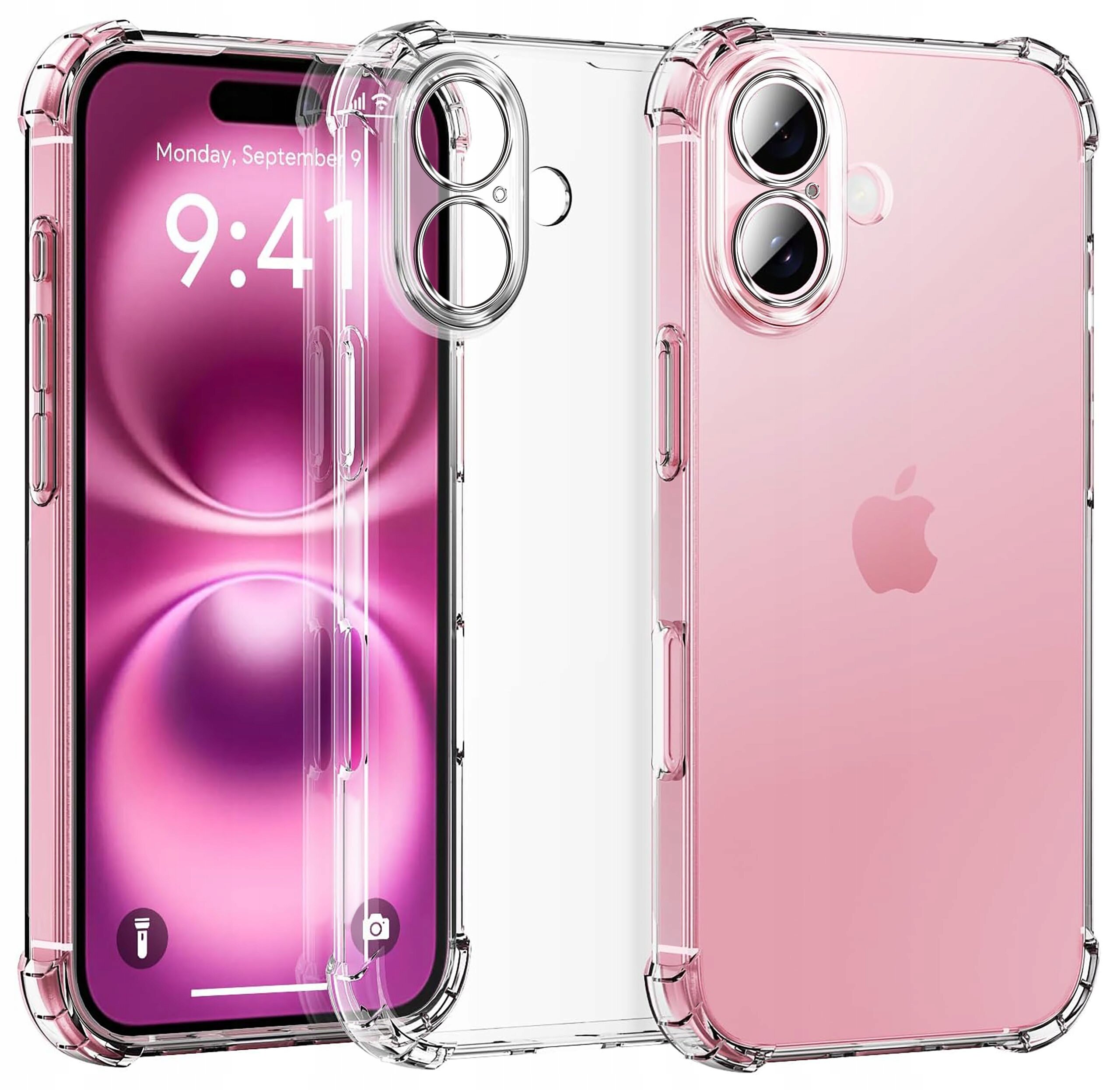 Przezroczyste etui ochronne na smartfon z widocznym logo jabłka. Na ekranie telefonu wyświetlana jest godzina 9:41 oraz data Monday, September 9.