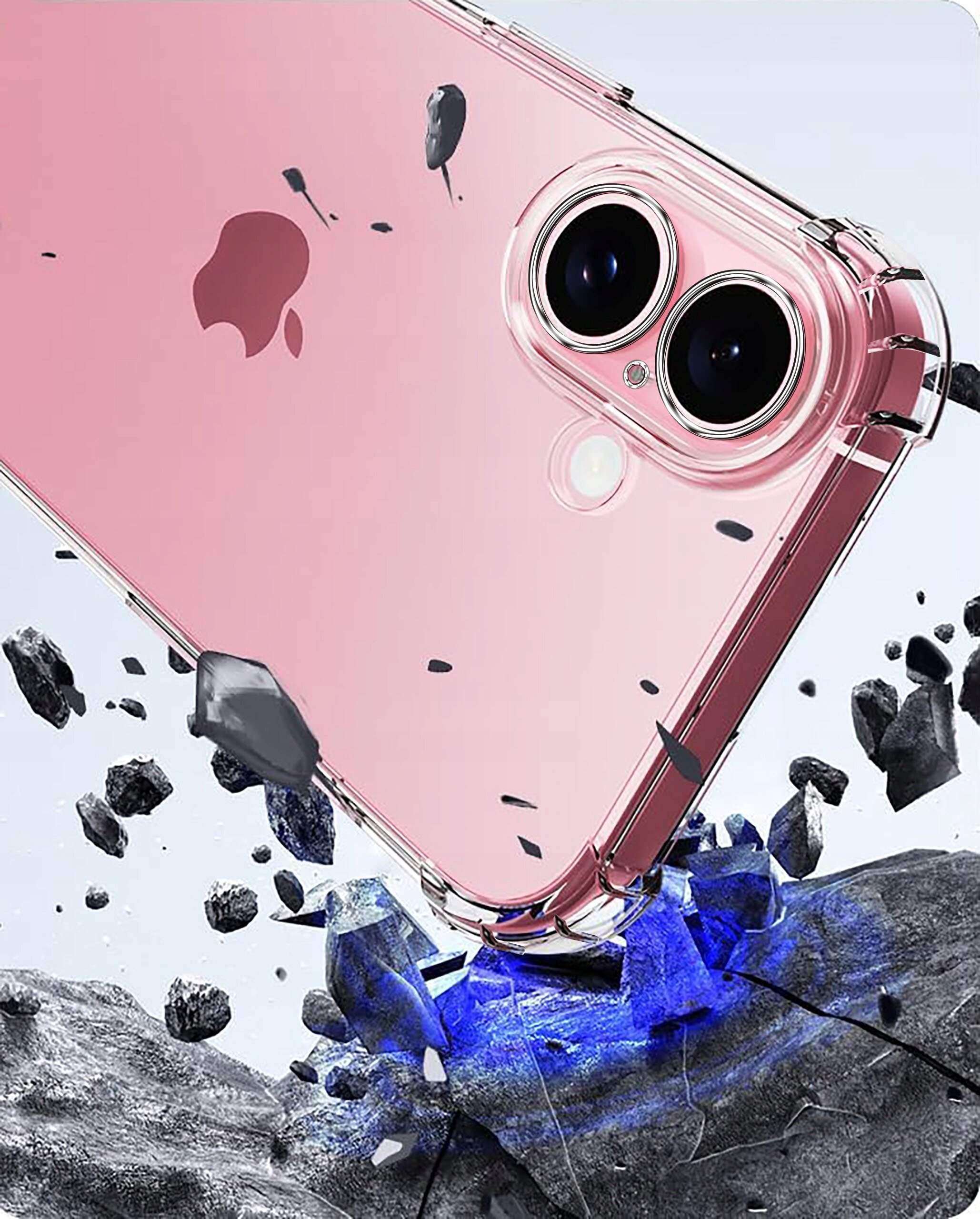 Różowy telefon z przezroczystym etui spada na powierzchnię, wokół której unoszą się odłamki skał. Na telefonie widoczne jest logo w kształcie jabłka.