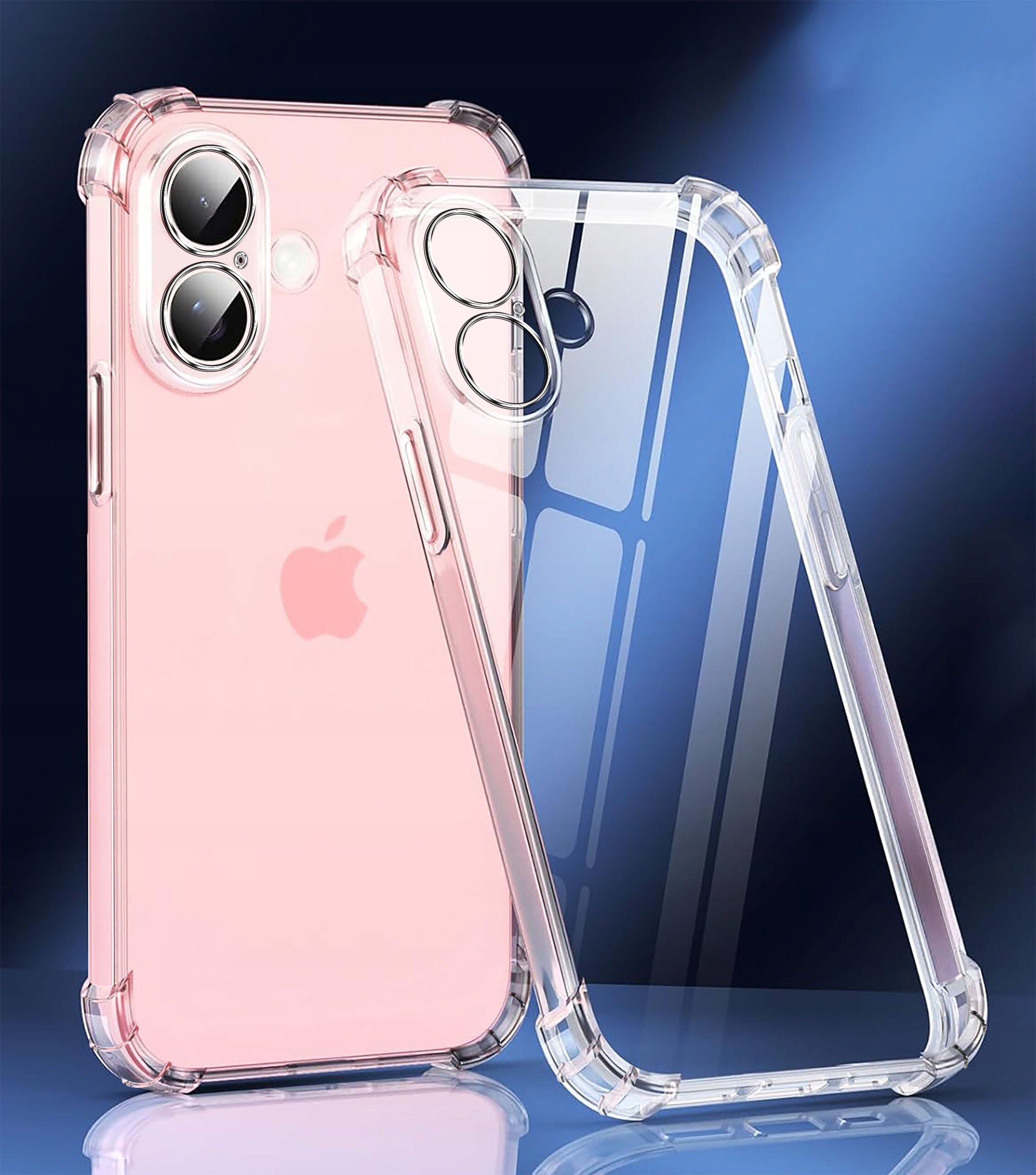 Przezroczyste etui ochronne na telefon z widocznymi wzmocnionymi narożnikami, obok różowego telefonu z dwoma dużymi obiektywami aparatu. Na telefonie widoczne jest logo w kształcie nadgryzionego jabłka.