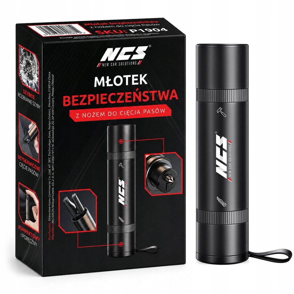Na obrazie znajduje się czarny młotek bezpieczeństwa z logo NCS, zaprezentowany obok opakowania z napisem \'MŁOTEK BEZPIECZEŃSTWA Z NOŻEM DO CIĘCIA PASÓW\'. Opakowanie zawiera dodatkowe informacje o funkcjach produktu, takich jak szybkie rozbijanie szyb i błyskawiczne cięcie pasów.