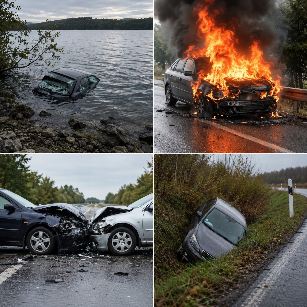 Cztery zdjęcia przedstawiają różne sytuacje z udziałem samochodów: samochód częściowo zanurzony w wodzie, samochód w płomieniach na drodze, dwa samochody po zderzeniu czołowym oraz samochód w rowie przy drodze.