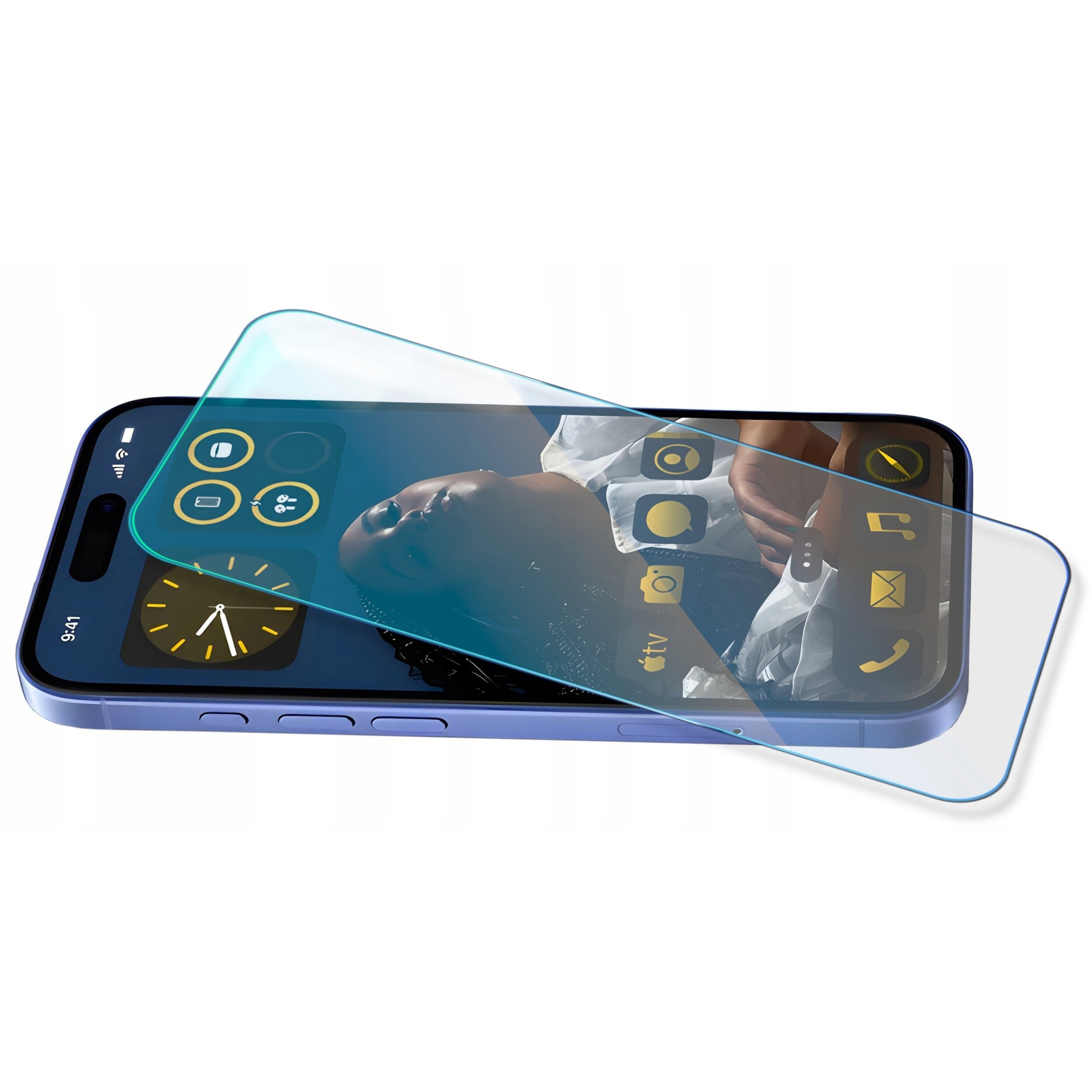 Na obrazie widoczny jest smartfon z nałożonym szkłem hartowanym, z wyświetlonymi ikonami aplikacji i zegarem. Szkło jest przezroczyste i dopasowane do ekranu urządzenia.