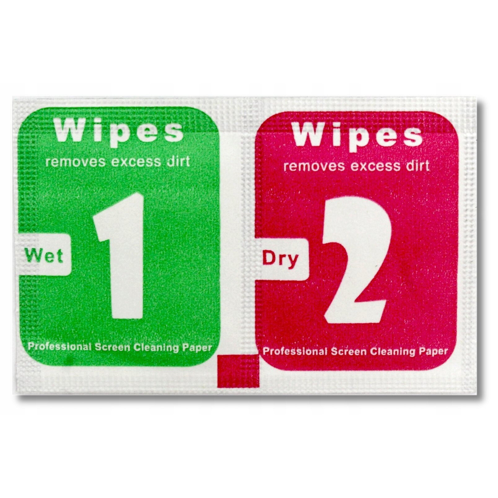 Na obrazie widoczne są dwie saszetki do czyszczenia ekranów: zielona z napisem \'Wipes removes excess dirt Wet 1 Professional Screen Cleaning Paper\' oraz czerwona z napisem \'Wipes removes excess dirt Dry 2 Professional Screen Cleaning Paper\'.
