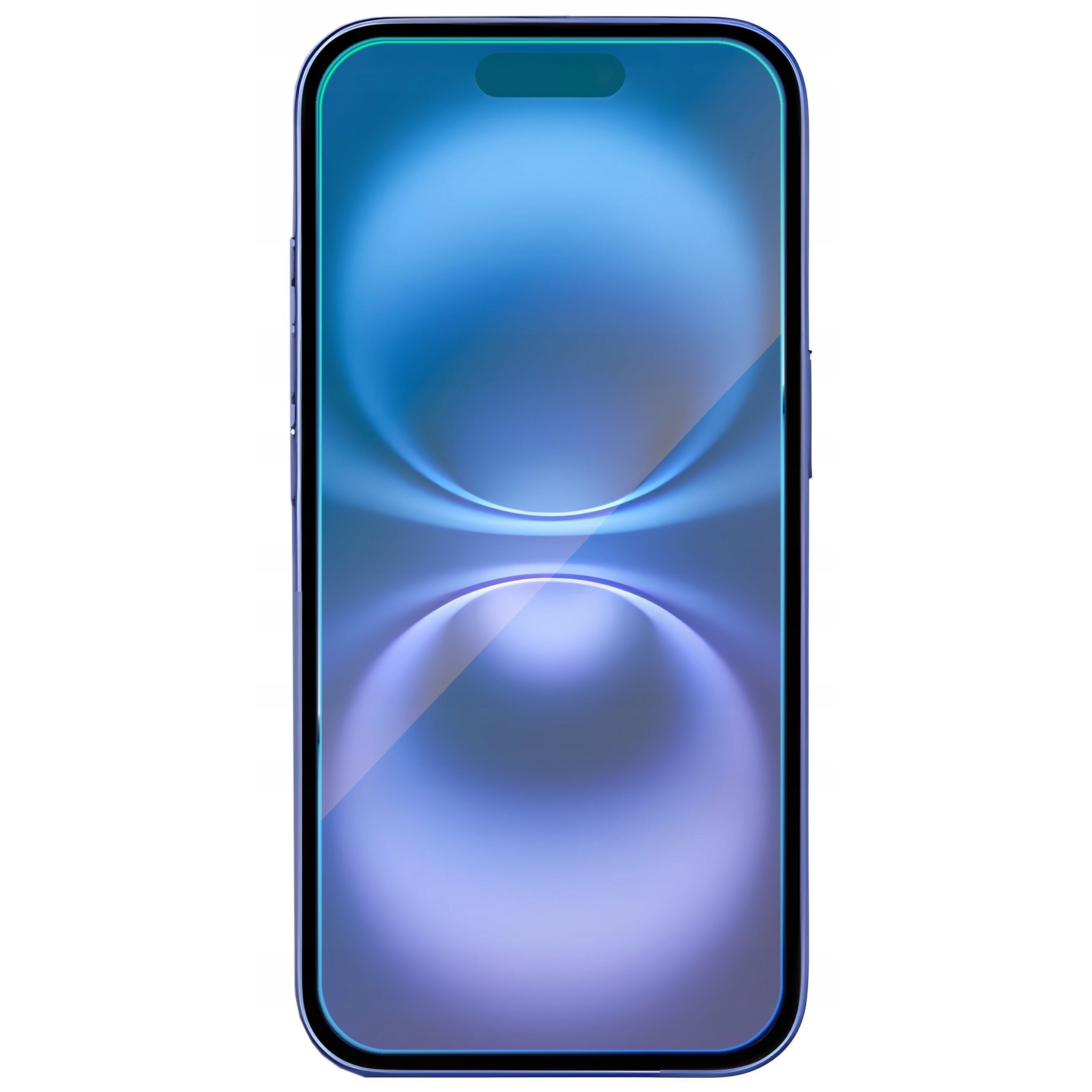 Smartfon z wyświetlaczem wypełniającym niemal całą przednią powierzchnię, z widocznym wycięciem na górze ekranu. Na ekranie widoczna jest abstrakcyjna grafika w odcieniach niebieskiego.
