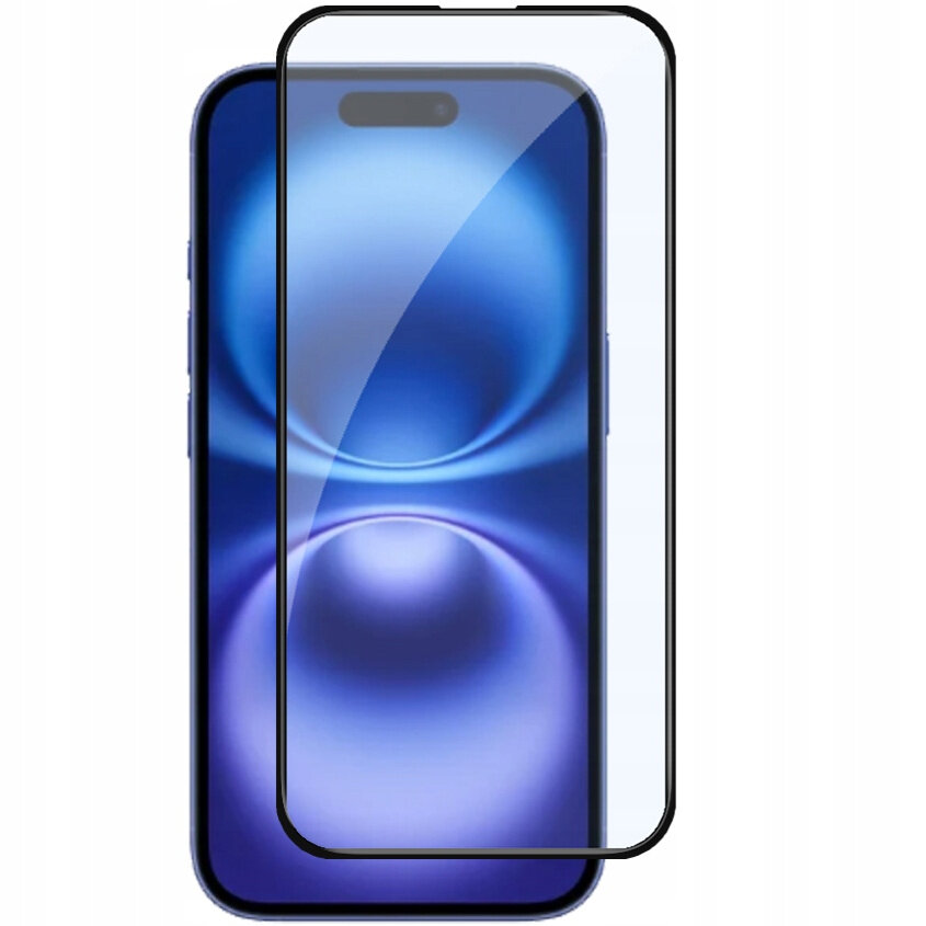 Na obrazie widoczny jest smartfon z nałożonym szkłem hartowanym, które pokrywa cały ekran. Tło ekranu jest niebieskie z abstrakcyjnym wzorem.