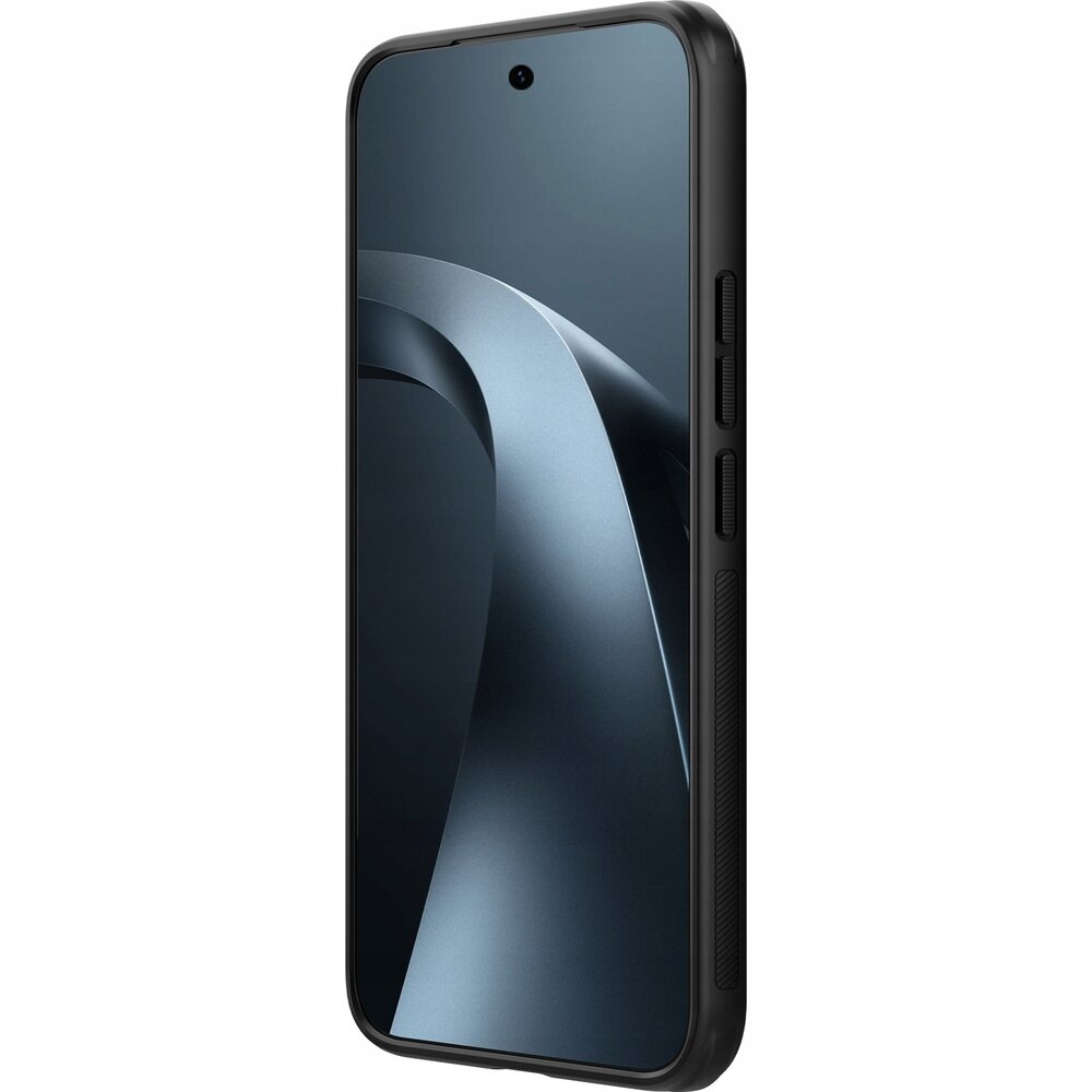 Obraz przedstawia smartfon w czarnym, matowym etui z widocznymi przyciskami bocznymi. Na ekranie telefonu widoczny jest abstrakcyjny wzór w odcieniach szarości.