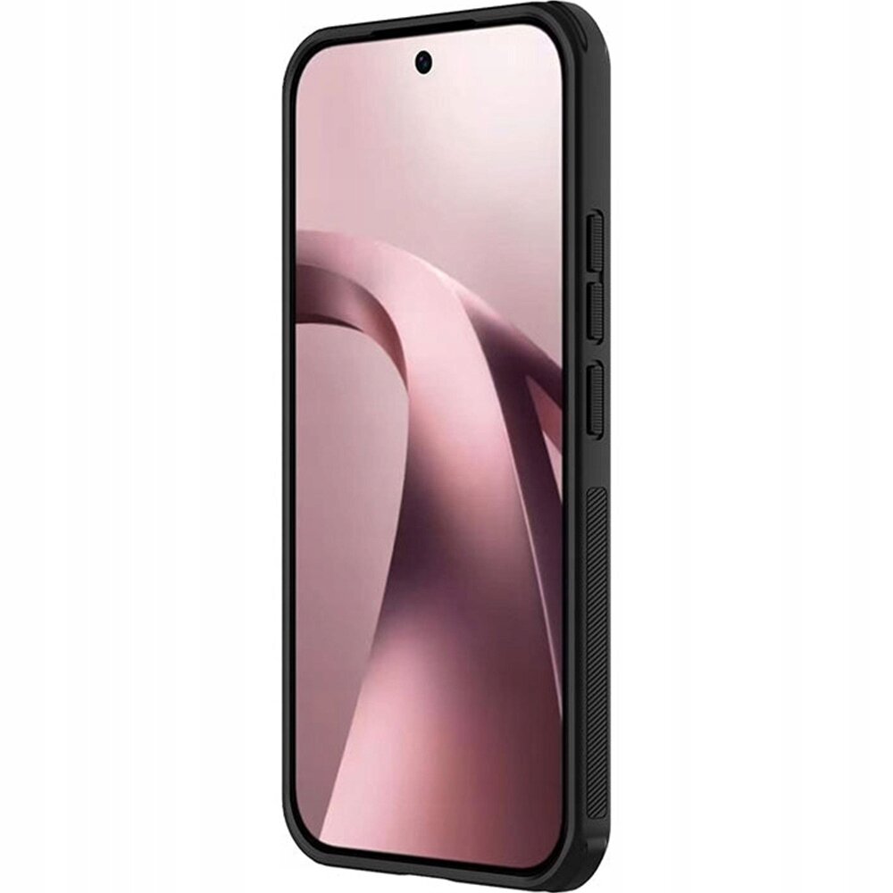Obraz przedstawia smartfon w czarnym etui z widocznymi przyciskami bocznymi. Na ekranie telefonu widać abstrakcyjny wzór w odcieniach różu.