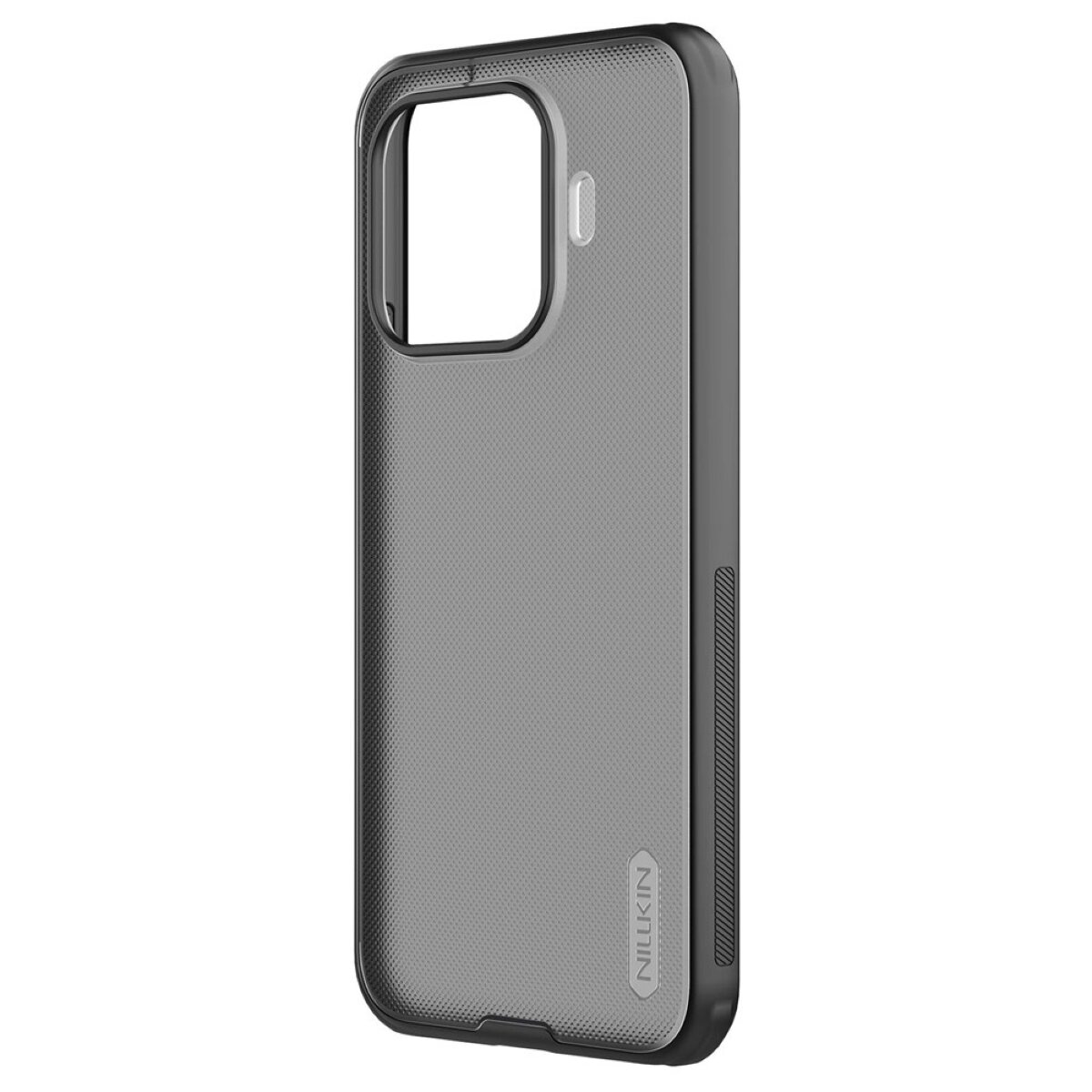 Etui na telefon w kolorze czarnym z matowym wykończeniem i antypoślizgową powierzchnią. Na etui widoczne jest logo \'Nillkin\'.