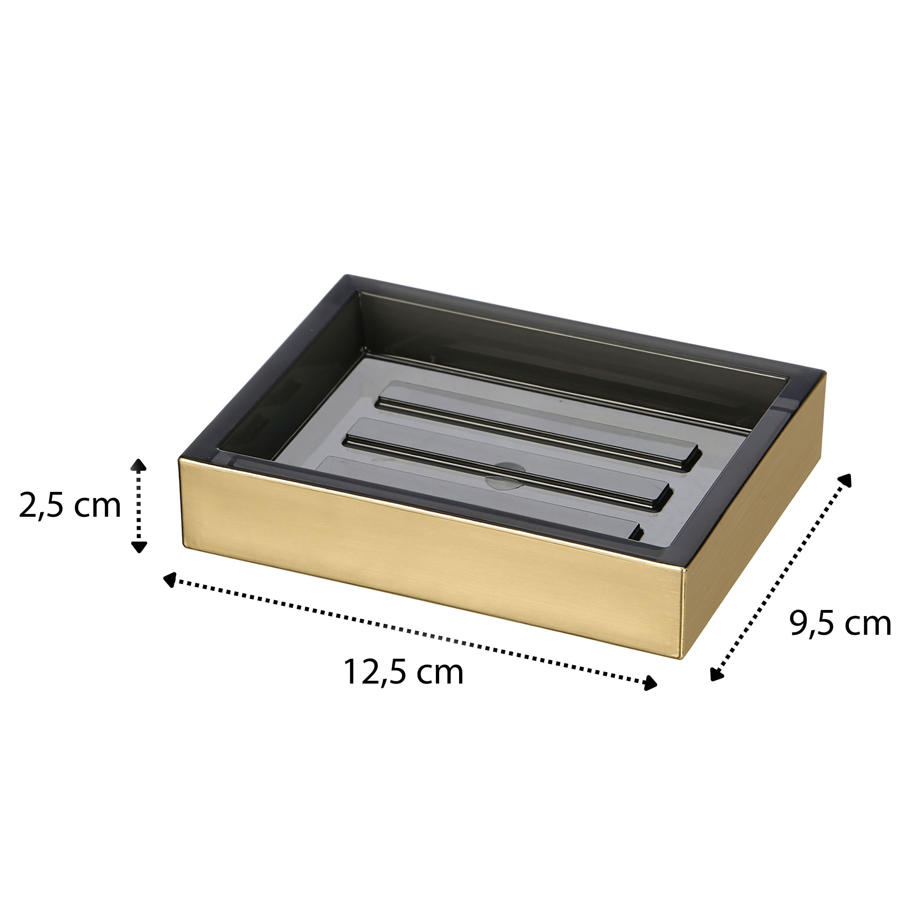 Prostokątna mydelniczka w kolorze złotym z czarnym wnętrzem, o wymiarach 12,5 cm na 9,5 cm i wysokości 2,5 cm.