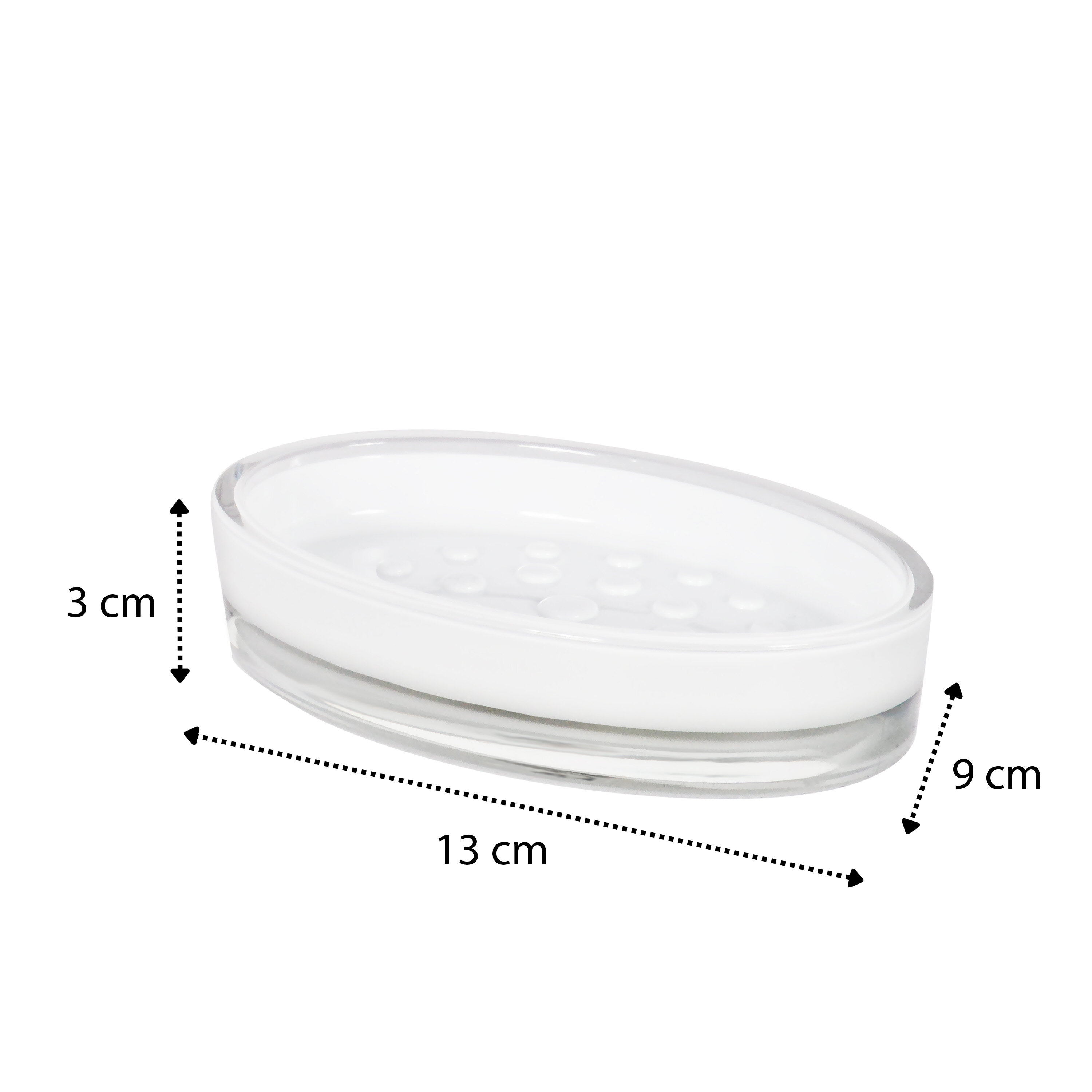 Biała, owalna mydelniczka z gładką powierzchnią, o wymiarach 13 cm na 9 cm i wysokości 3 cm. Na powierzchni widoczne są wypustki, a wokół mydelniczki znajdują się linie pomiarowe z oznaczeniami wymiarów.