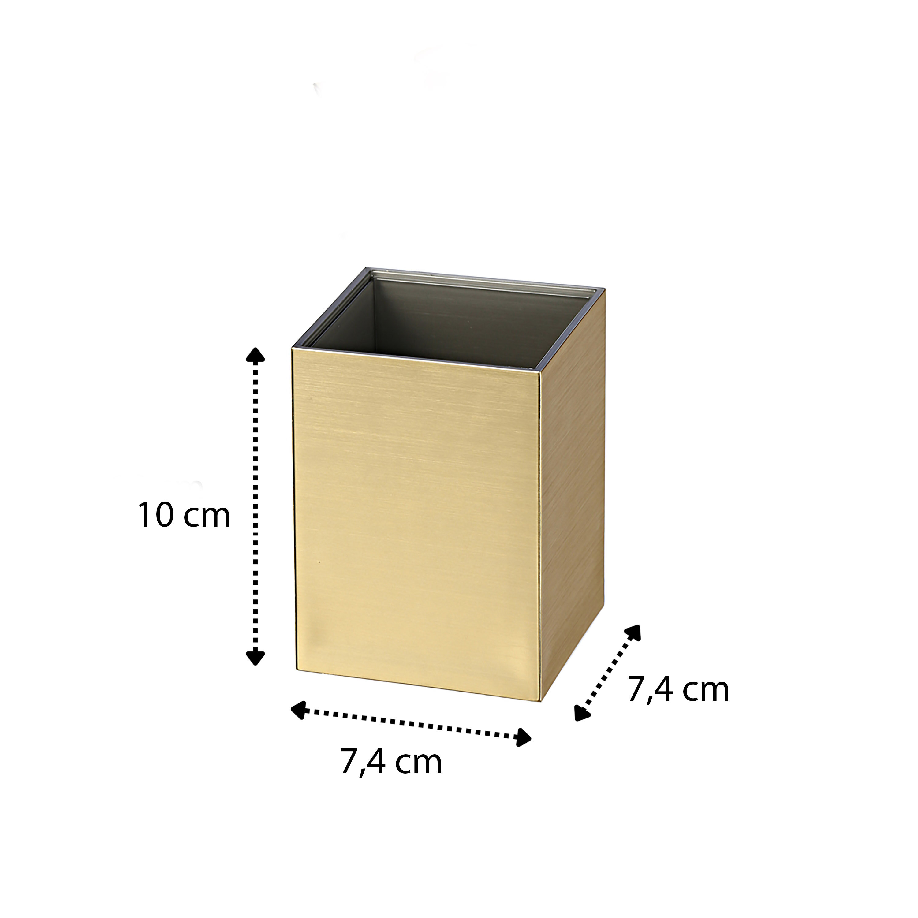 Prostopadłościenny pojemnik w kolorze złotym o wymiarach 10 cm wysokości i 7,4 cm szerokości oraz głębokości. Obok pojemnika znajdują się strzałki z wymiarami: 10 cm, 7,4 cm, 7,4 cm.