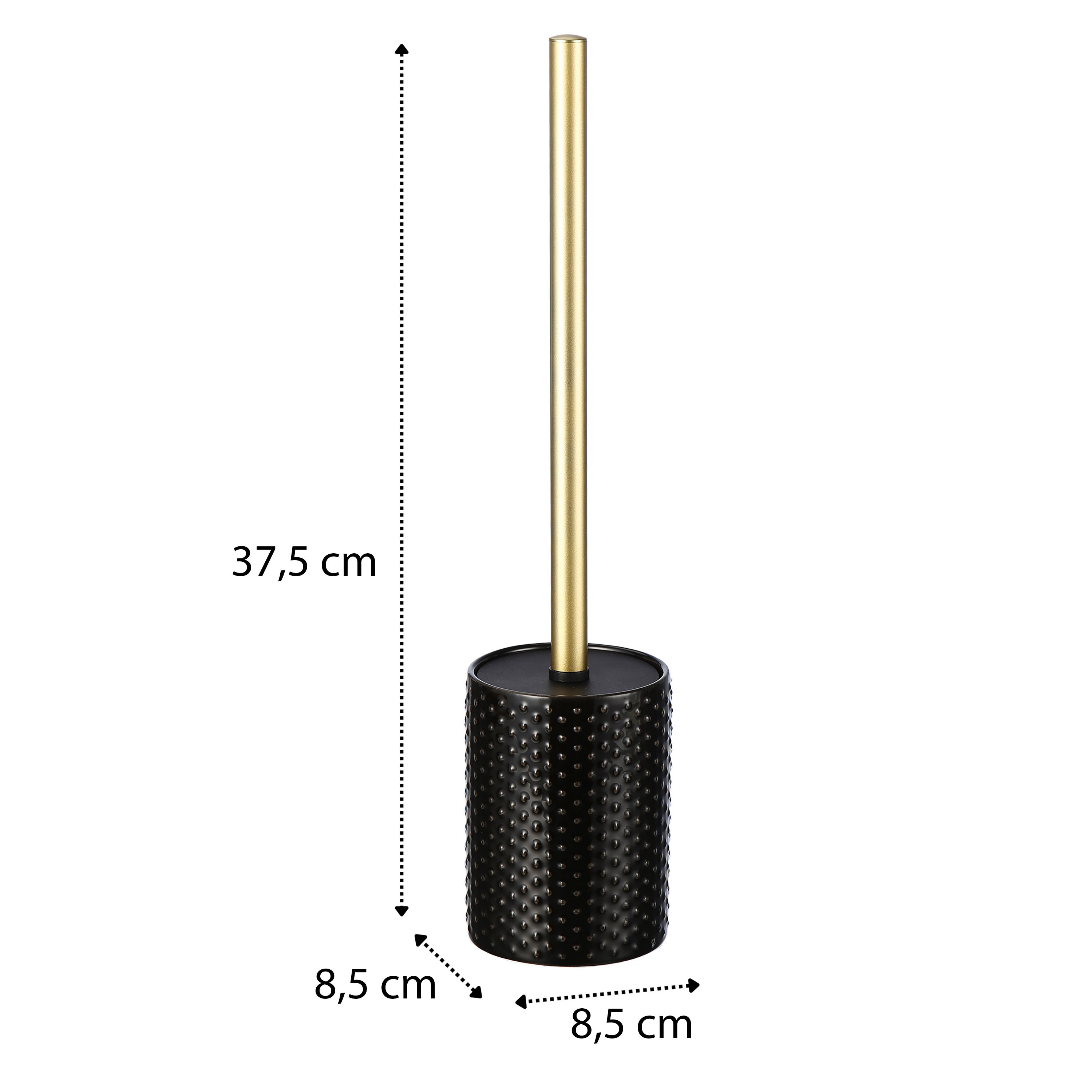 Czarna ceramiczna szczotka WC z wytrzymałą, solidną budową i stylowym loftowym designem. Wymiary: wysokość 37,5 cm, średnica podstawy 8,5 cm.
