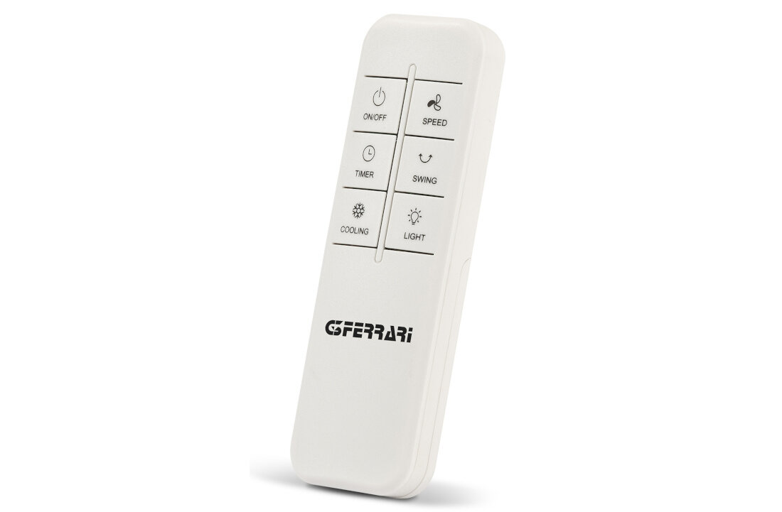 Biały pilot z sześcioma przyciskami oznaczonymi: ON/OFF, SPEED, TIMER, SWING, COOLING, LIGHT. Na dole widoczne jest logo \'G3FERRARI\'.