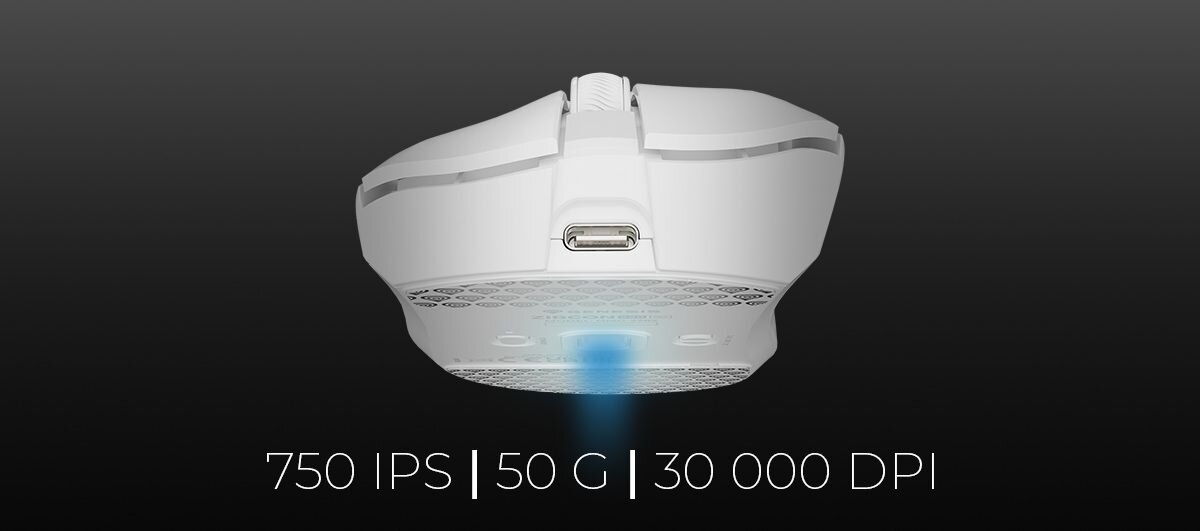 Biała mysz komputerowa z widocznym portem USB i podświetleniem na spodzie. Na dole obrazu widnieje tekst: \'750 IPS | 50 G | 30 000 DPI\'.