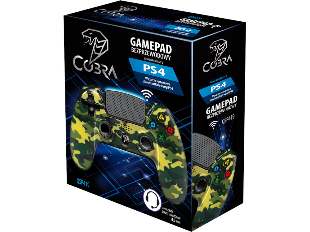 Opakowanie kontrolera bezprzewodowego COBRA QSP419 w kolorze zielonego moro, kompatybilnego z PS4. Na opakowaniu widoczne są napisy: \'GAMEPAD BEZPRZEWODOWY\', \'KOMPATYBILNY Z PS4\', \'Wsparcie systemowe dla wszystkich wersji PS4\', \'Gniazdo słuchawkowe 3,5 mm\'.