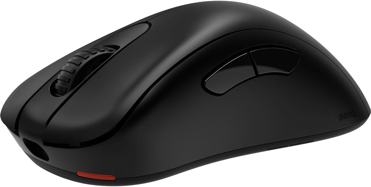 Czarna mysz komputerowa o ergonomicznym kształcie z dwoma przyciskami bocznymi i rolką przewijania. Na obudowie widoczne jest logo \'BenQ\'.
