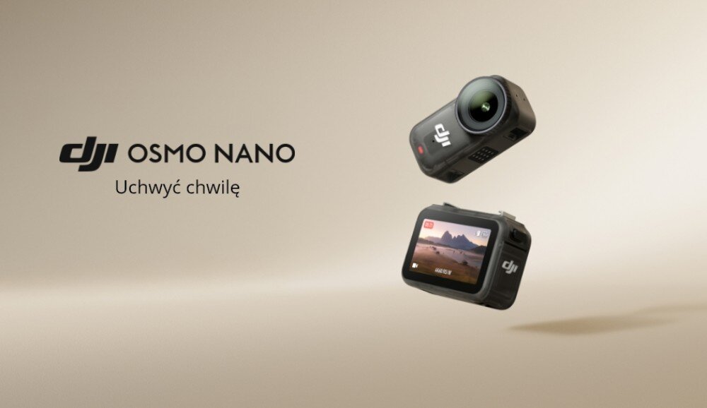 Na beżowym tle widoczne są dwie kamery sportowe z logo DJI, jedna z obiektywem skierowanym do przodu, druga z ekranem wyświetlającym krajobraz. Obok znajduje się tekst: \'DJI OSMO NANO Uchwyć chwilę\'.
