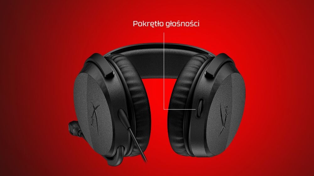 HYPERX Cloud Stinger 3 Playstation słuchawki gamingowe, pokrętło głośności, regulacja dźwięku na obudowie, słuchawki od dołu na czerwonym tle
