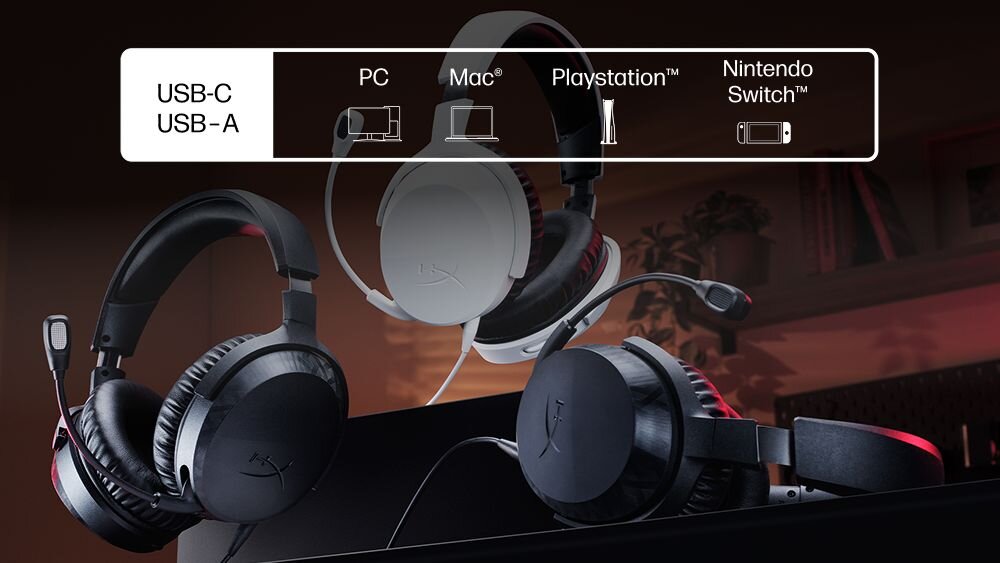 HYPERX Cloud Stinger 3 Playstation słuchawki gamingowe, adaptery, kompatybilność PC, Mac, PlayStation, Nintendo Switch, słuchawki w różnych wersjach kolorystycznych na tle pokoju