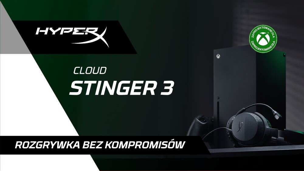 HYPERX Cloud Stinger 3 Xbox słuchawki nauszne gamingowe dla graczy, słuchawki wraz konsolą xbox na ciemnym tle