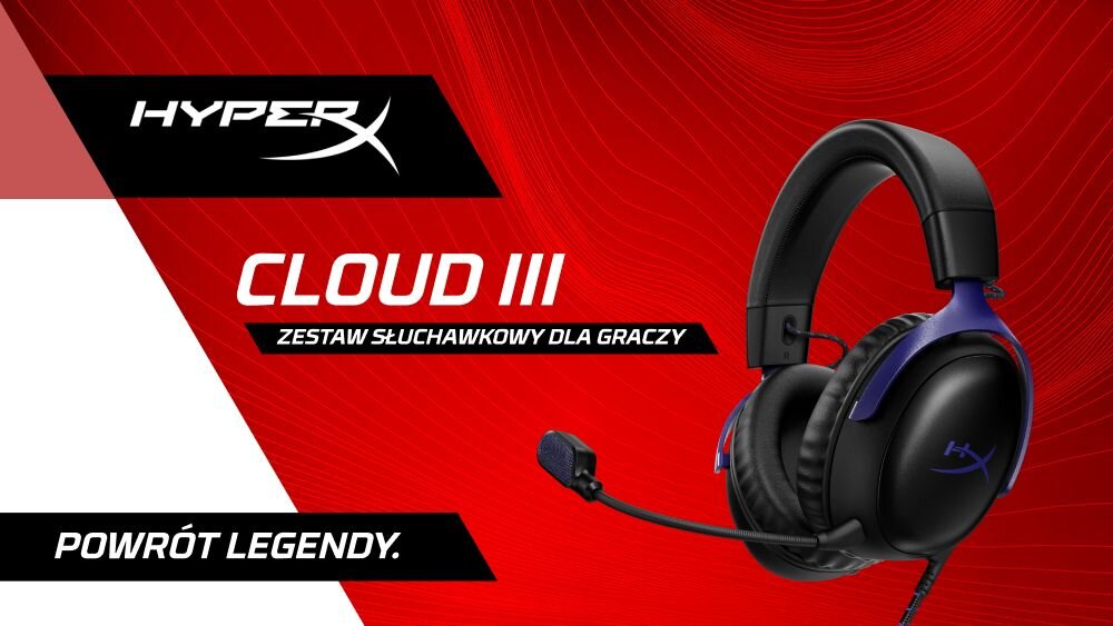HYPERX Cloud III słuchawki gamingowe, dźwięk przestrzenny, przetworniki 53 mm, mikrofon, słuchawki na biało-czerwonym tle