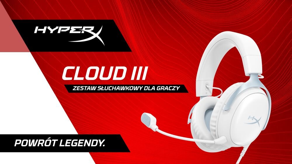 HYPERX Cloud III słuchawki gamingowe, dźwięk przestrzenny, przetworniki 53 mm, mikrofon, słuchawki na biało-czerwonym tle