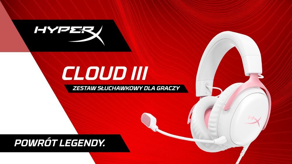 Obraz przedstawia biało-różowe słuchawki nauszne z mikrofonem. Widoczny tekst: \'HYPERX\', \'CLOUD III\', \'ZESTAW SŁUCHAWKOWY DLA GRACZY\', \'POWRÓT LEGENDY\'.