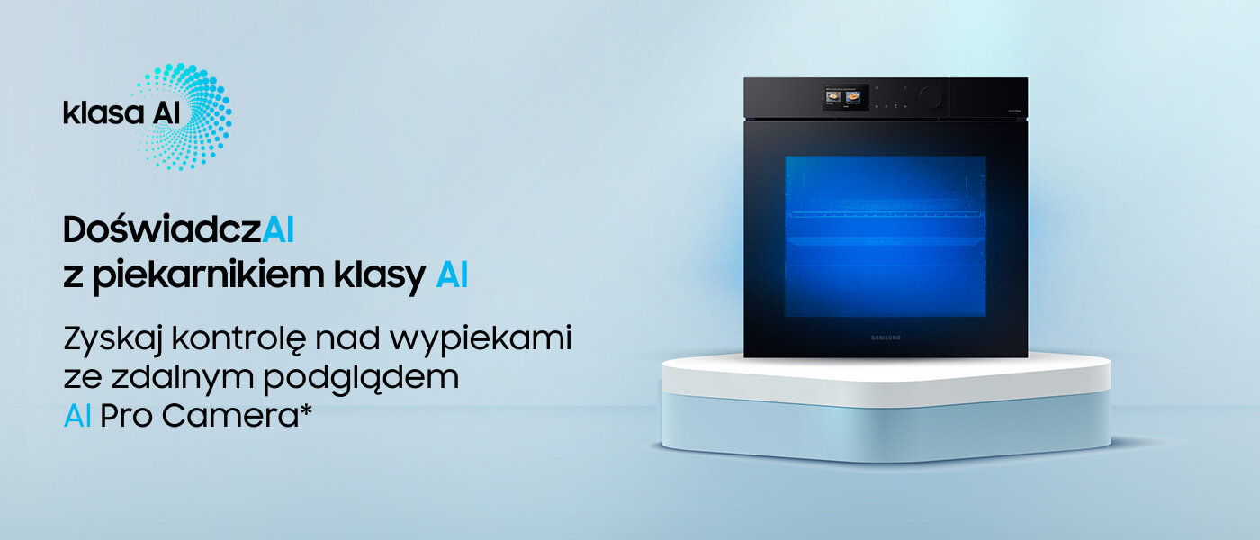 Obraz przedstawia czarny piekarnik z niebieskim podświetleniem na białej platformie. Obok znajduje się tekst: \'Doświadcz AI z piekarnikiem klasy AI Zyskaj kontrolę nad wypiekami ze zdalnym podglądem AI Pro Camera*\'.