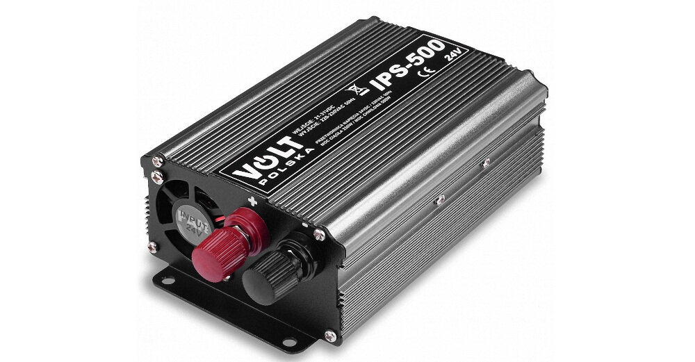 Na obrazie widoczna jest przetwornica z metalową obudową, oznaczona jako VOLT POLSKA IPS-500 24V. Posiada dwa złącza z kolorowymi nakrętkami oraz wentylator.