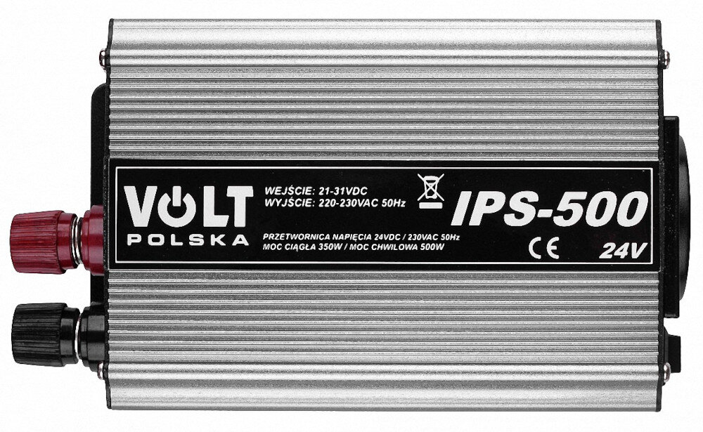 Przetwornica napięcia z oznaczeniem VOLT POLSKA IPS-500, z wejściem 21-31VDC i wyjściem 220-230VAC 50Hz. Moc ciągła wynosi 350W, a moc chwilowa 500W, z oznaczeniami CE i 24V.