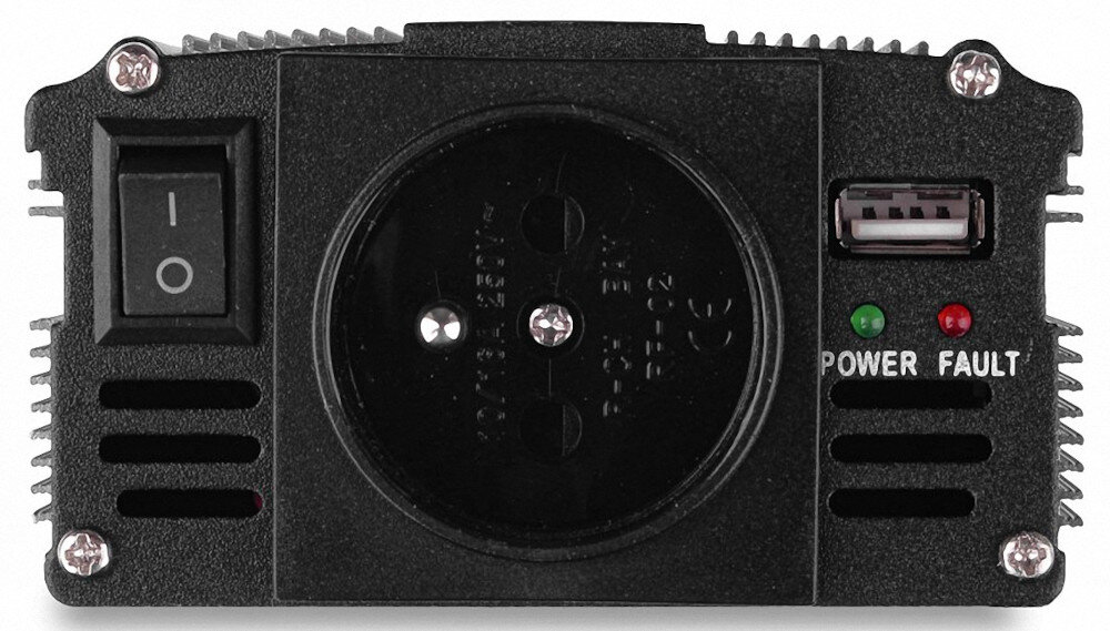 Czarny panel przetwornicy z włącznikiem, gniazdem elektrycznym, portem USB oraz dwoma diodami oznaczonymi jako POWER i FAULT.