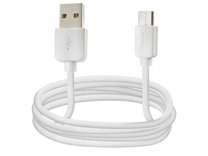 Biały kabel USB-C z końcówką USB-A i USB-C, zwinięty w pętlę. Na wtyczce USB-A widoczny jest symbol USB.