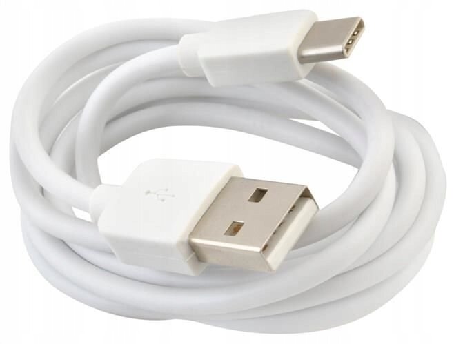 Biały kabel USB-C o długości 2 metrów z końcówką USB-A i USB-C, przeznaczony do szybkiego ładowania.