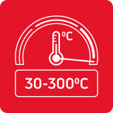 Czerwony kwadrat z białą grafiką termometru i napisem \'30-280°C\'.