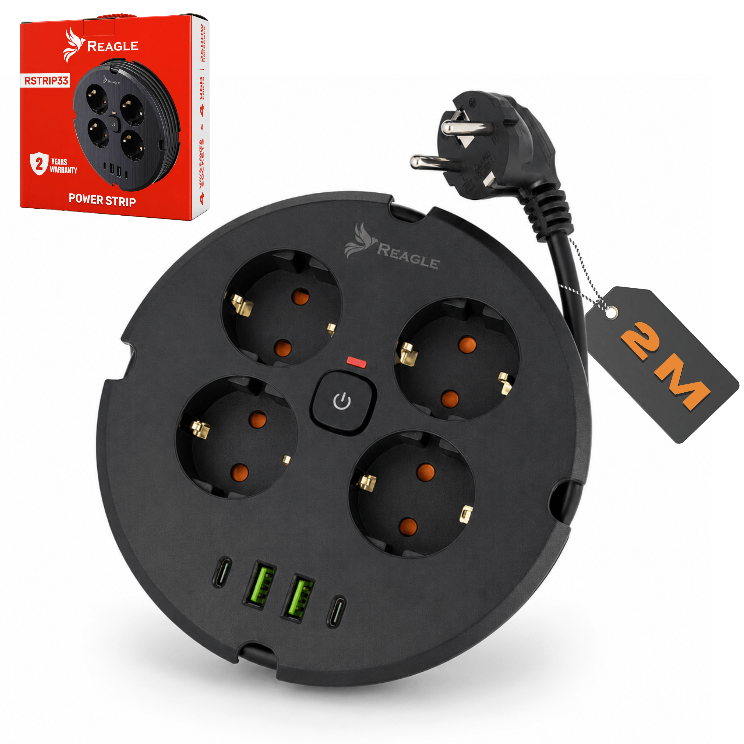 Czarna, okrągła listwa zasilająca z czterema gniazdami, dwoma portami USB-A i dwoma portami USB-C, z logo Reagle. Obok znajduje się opakowanie z napisem \'RSTRIP33\' i etykieta \'2M\'.