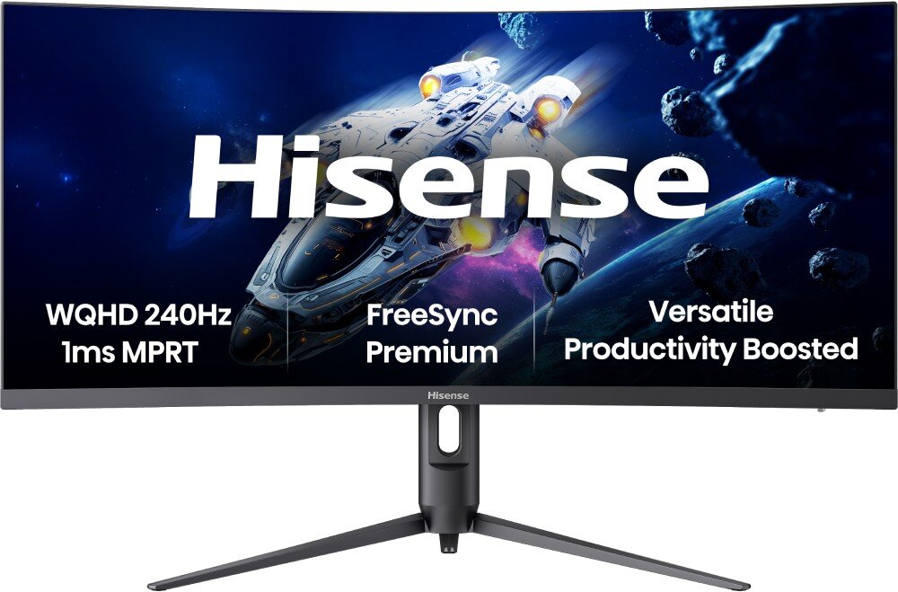 Monitor HISENSE 34G6Q Pro Zagięty ekran na stojaku z napisami Hisense, WQHD 240Hz 1ms MPRT, FreeSync Premium oraz Versatile Productivity Boosted