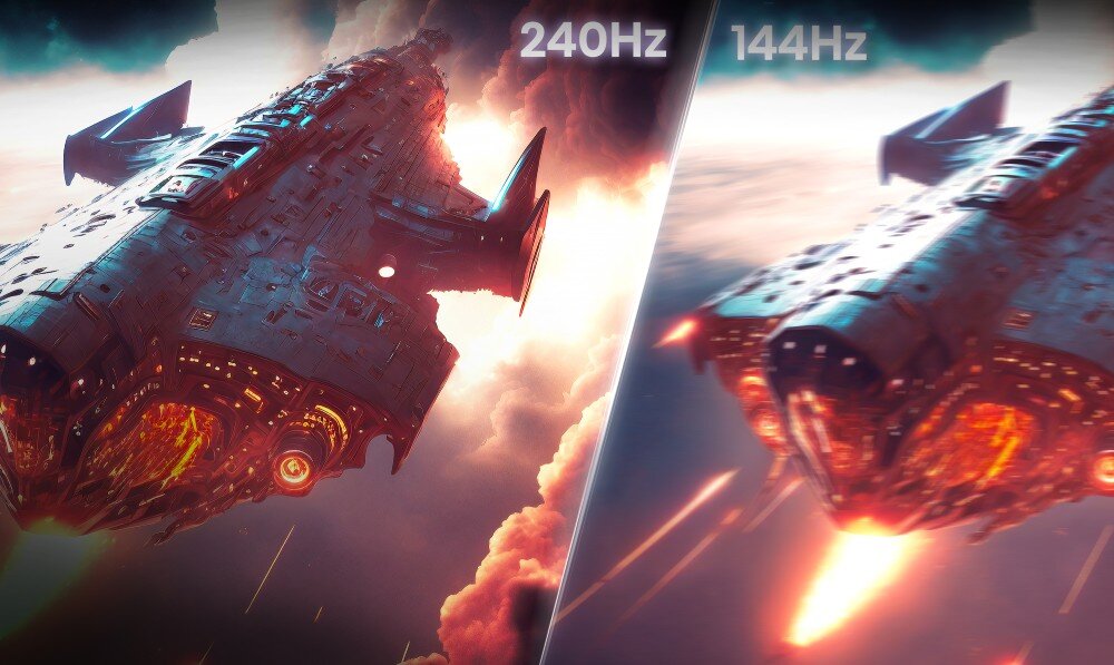 Monitor HISENSE 34G6Q Pro Porównanie dwóch części obrazu z kosmicznym statkiem, oznaczone jako 240Hz z wyraźnym detalem oraz 144Hz z rozmyciem