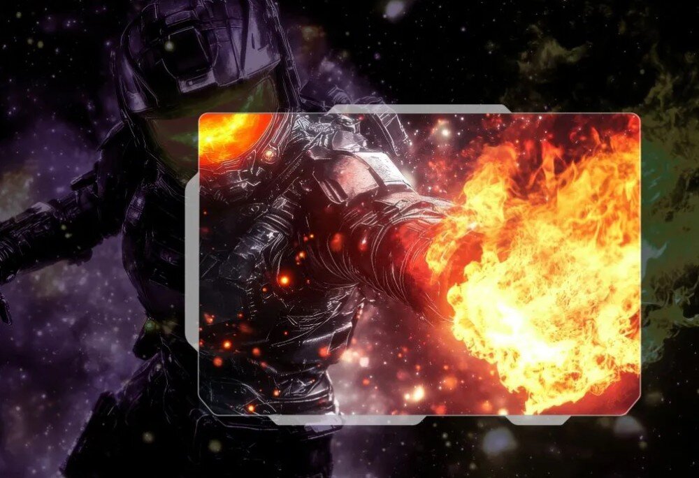 Monitor HISENSE 34G6Q Pro Postać w kasku kosmicznym z płonącą dłonią, wyrazistsza w wyznaczonym ramką obszarze na środku ekranu