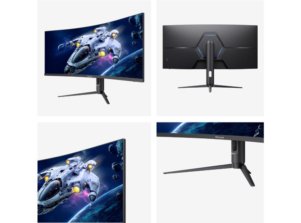 Monitor HISENSE 34G6Q Pro Zestawienie czterech ujęć ekranu pokazujących widok z przodu, z tyłu na obudowę oraz zbliżenia na narożnik i podstawę