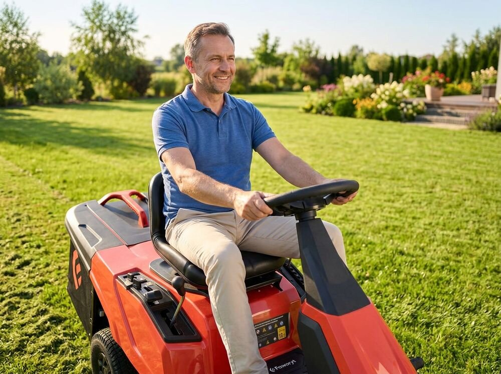 Traktor ogrodowy FAWORYT Rider DR66D224, agregat, nóż, szerokość, regulacja, Uśmiechnięty mężczyzna za kierownicą kosiarki samojezdnej w słoneczny dzień.
