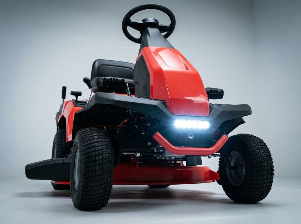 Traktor ogrodowy FAWORYT Rider DR66D224, fotel, oświetlenie, zderzak, bezpieczeństwo, Niskie ujęcie z przodu na kosiarkę z włączonym oświetleniem LED.