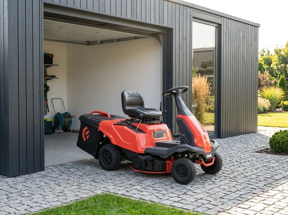 Traktor ogrodowy FAWORYT Rider DR66D224, konstrukcja, waga, filtry, przechowywanie, Traktorek kosiarka stojący przed otwartym garażem nowoczesnego budynku.
