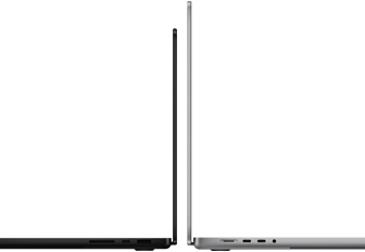 Dwa laptopy ustawione tyłem do siebie, jeden w kolorze ciemnym, drugi w jasnym. Widoczne są porty po bokach urządzeń.