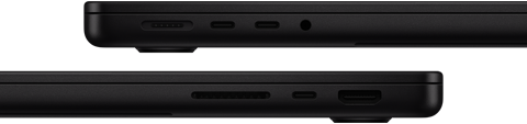 Obraz przedstawia dwa laptopy w kolorze czarnym, ukazujące porty boczne. Widoczne są różne złącza, w tym USB-C i gniazdo słuchawkowe.