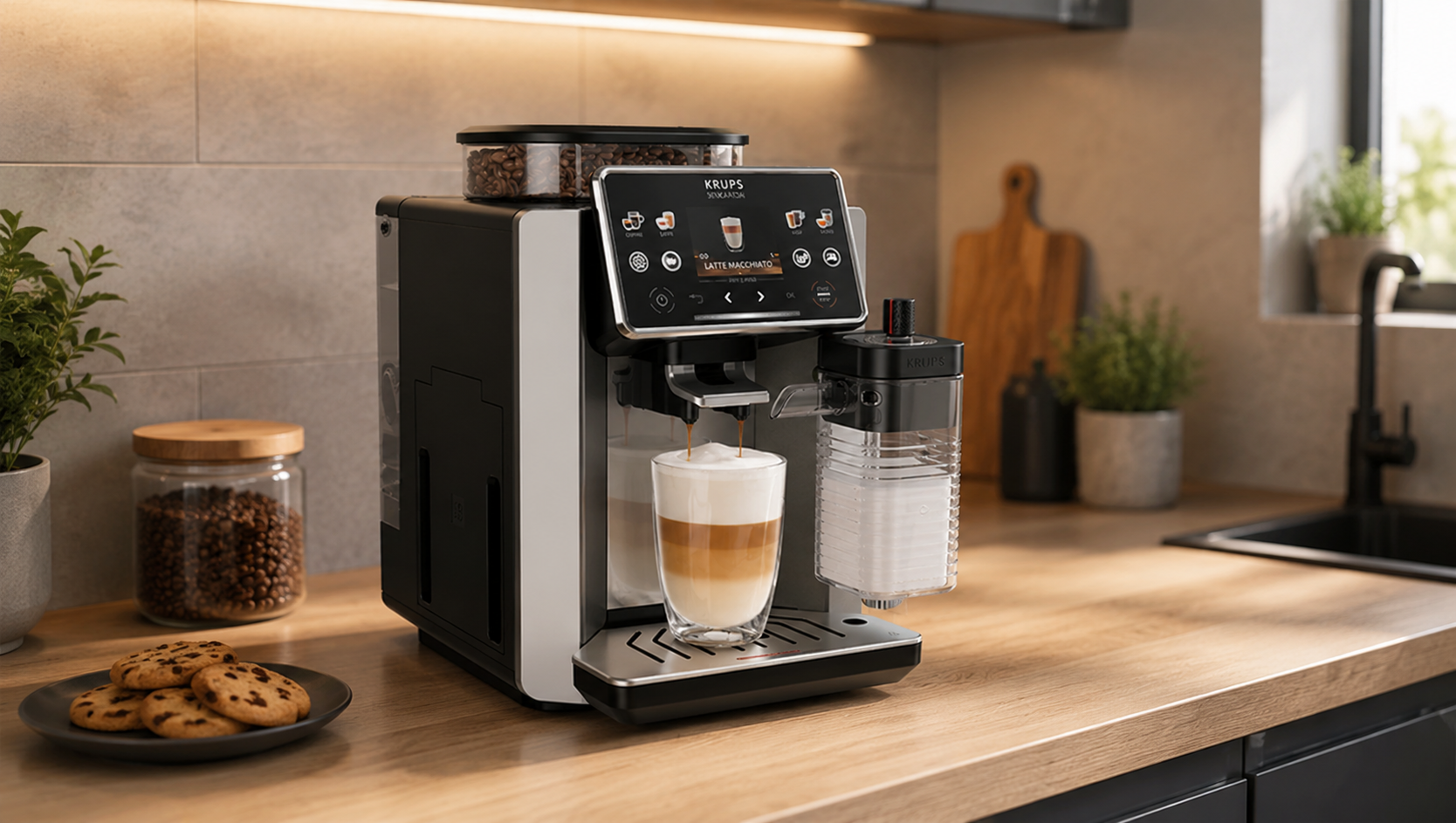 Na blacie kuchennym stoi ekspres do kawy z logo KRUPS, przygotowujący kawę latte macchiato. Obok ekspresu znajduje się pojemnik na mleko oraz talerz z ciasteczkami.